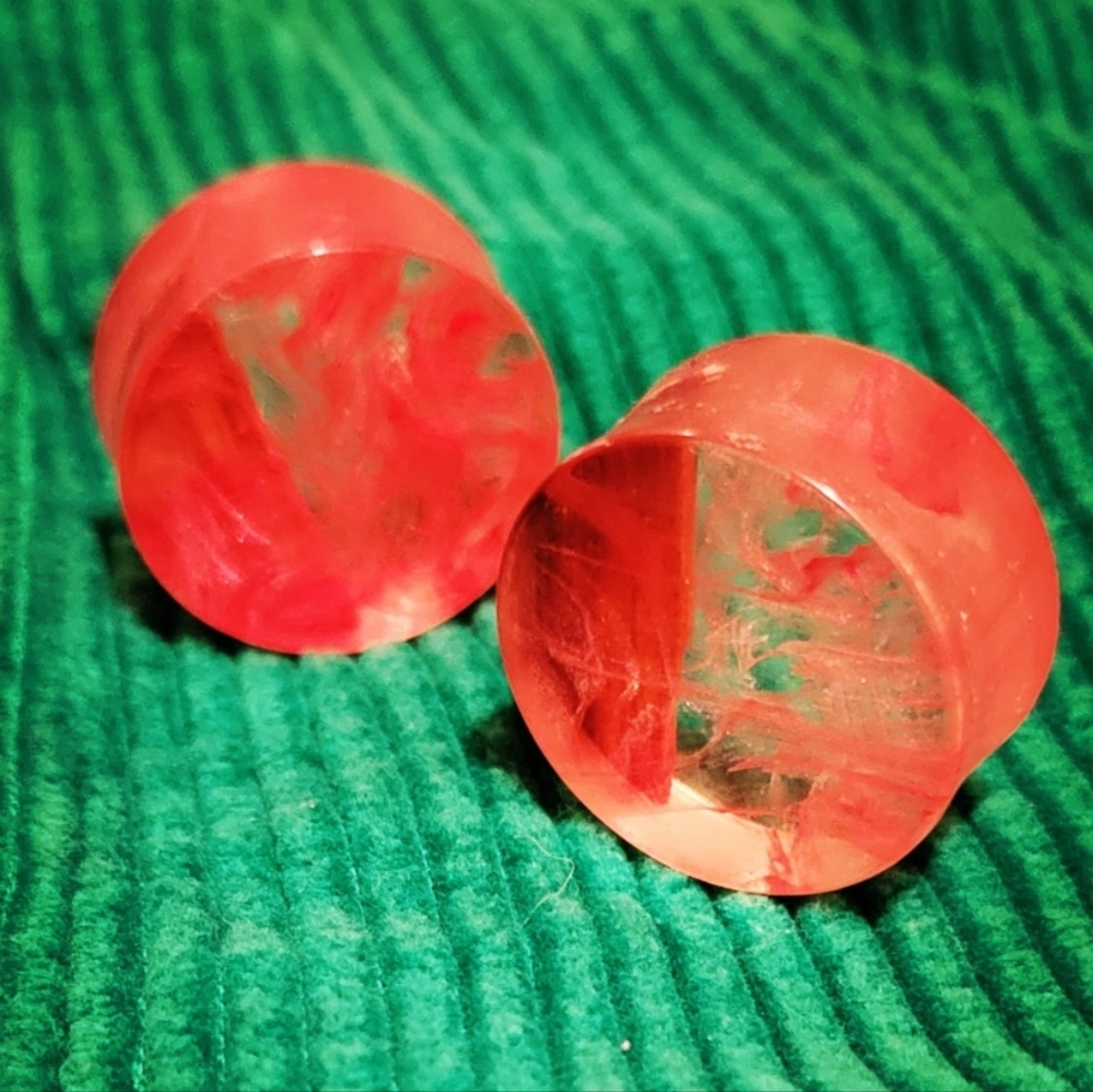 27mm Wood and Resin Plugs Gauges Hot Orange and Clear